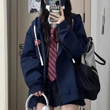 QWEEK Vintage Y2k Zip Up Hoodie Women Korean Preppy Style Oversize Sweatshirt Harajuku Streetwear Hoodies Autumn Coat for Girls